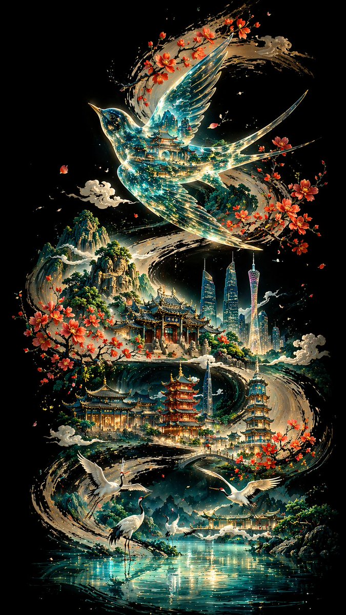 [中文] 【背景与骨架线条】 纯黑深邃底色，一条粗壮有力的墨色书法S型曲线自画面一端蜿蜒贯穿至另一端，笔触苍劲，墨迹浓淡有致，如大写意行笔，构成整幅画面的视觉骨… — AI-generated image by @liyue_ai using GPT Image 2