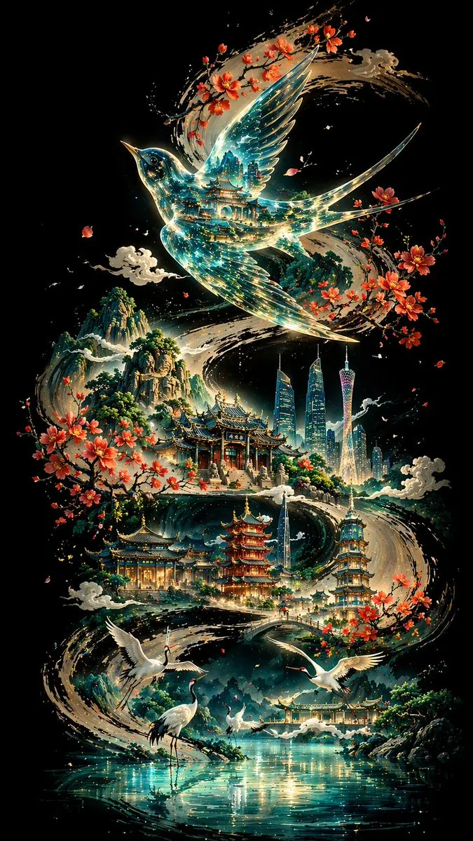 [中文] 【背景与骨架线条】 纯黑深邃底色，一条粗壮有力的墨色书法S型曲线自画面一端蜿蜒贯穿至另一端，笔触苍劲，墨迹浓淡有致，如大写意行笔，构成整幅画面的视觉骨… — GPT Image 2 prompt by @liyue_ai