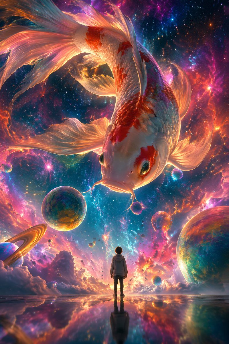 [中文] 一幅超现实主义数字插画风格，采用低角度仰拍视角。画面描绘了一条巨型彩色锦鲤遨游在梦幻般的星云中，四周环绕着色彩鲜艳的星云与气泡。… — AI-generated image by @liyue_ai using GPT Image 2