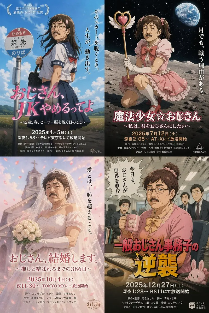 [中文] 一个看似真实却微妙地古怪的女装大叔出现的电影海报，4 种。达到专业设计师制作的水平。 企划和设定本身就是那种“这种东西真要拍成电影吗？”的、认真却忍不… — GPT Image 2 prompt by @aiehon_aya