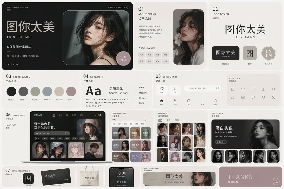 [中文] 用 ABCD（a black cover design) 的风格，为 图你太美 设计一个 vi 系统。图你太美是一个头像美图分享 网站。… — AI-generated image by @xiaoxiaodong01 using GPT Image 2