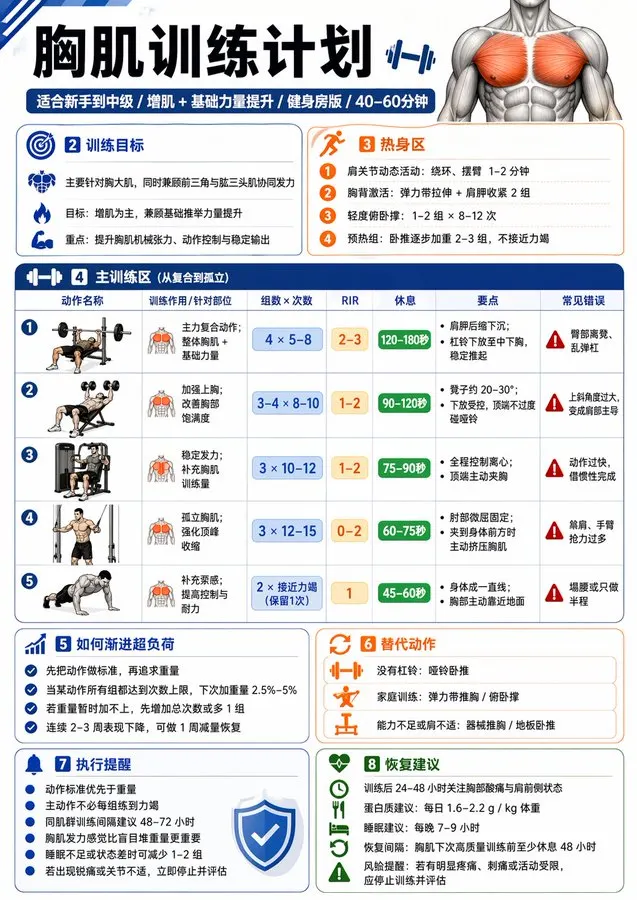 请生成一张中文健身信息图，主题为：【xxx】。 要求这张图既专业又实用，适合普通成年人作为训练参考。默认对象为无严重伤病的健康成年人；如果没有额外说明，默认训练… — GPT Image 2 prompt by @MrLarus