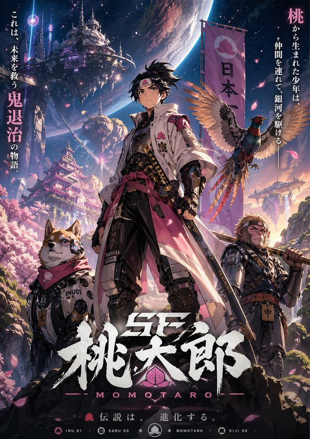 [中文] 设计虚构动画的钥匙视觉图。主题是「科幻桃太郎」。设计有魅力的角色、背景、标志和宣传语，以一幅美丽插画的形式完成，让世界观在一张图中传达出来。… — AI-generated image by @SSSS_CRYPTOMAN using GPT Image 2