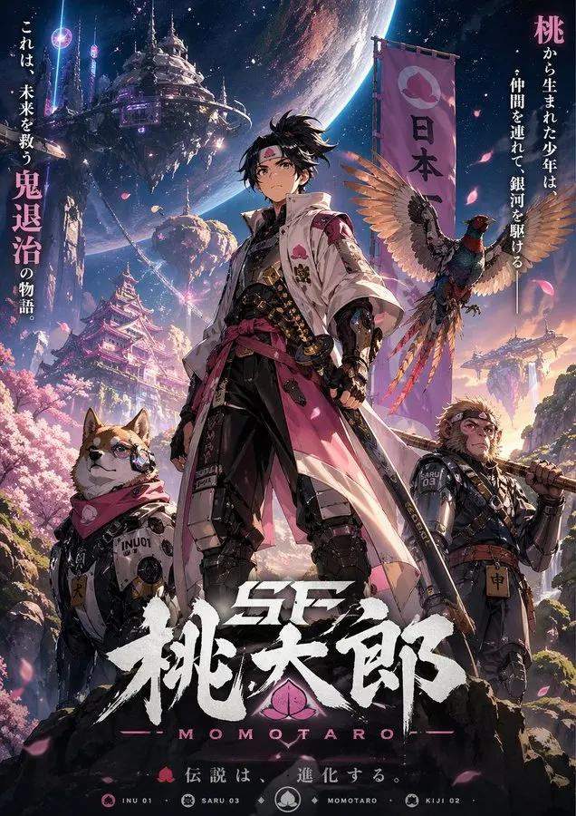 [中文] 设计虚构动画的钥匙视觉图。主题是「科幻桃太郎」。设计有魅力的角色、背景、标志和宣传语，以一幅美丽插画的形式完成，让世界观在一张图中传达出来。… — GPT Image 2 prompt by @SSSS_CRYPTOMAN