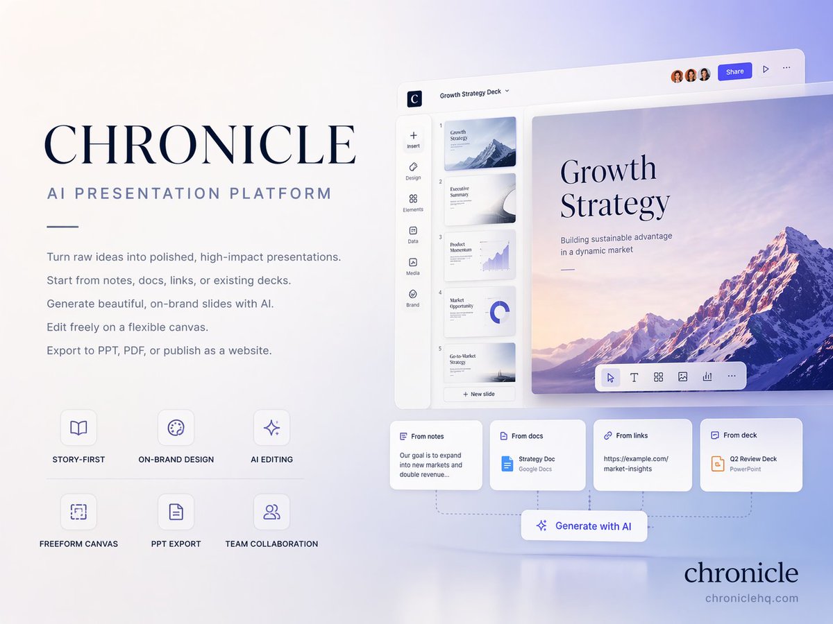 [中文] 创建一个高级的 4:3 演示文稿封面幻灯片，介绍来自 http://chroniclehq.com 的 AI 原生演示平台 Chronicle。… — AI-generated image by @cellier_ using GPT Image 2