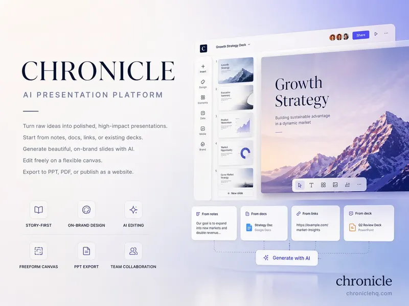 [中文] 创建一个高级的 4:3 演示文稿封面幻灯片，介绍来自 http://chroniclehq.com 的 AI 原生演示平台 Chronicle。… — GPT Image 2 prompt by @cellier_