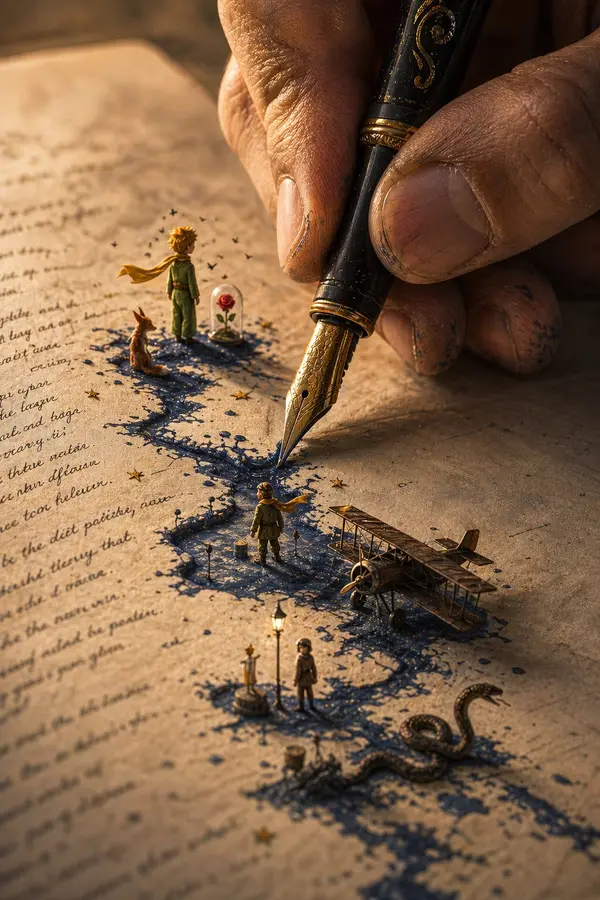 A colossal hand gripping an enormous vintage fountain pen, captured in vertical… — GPT Image 2 prompt by @0x00_Krypt