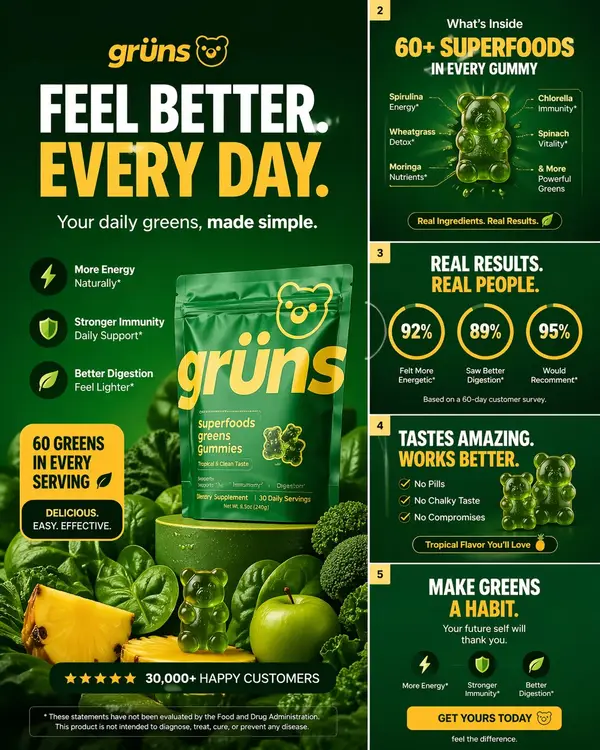Create a high-converting carousel image for Grüns (greens gummies). Bold hook,… — Nano Banana Pro prompt by @oliverkenyon