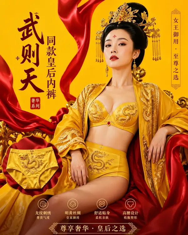 图片1：武则天同款皇后内衣广告大片，明黄底色龙纹刺绣，大红丝绸飘带衬托 图片2：影视剧武则天同款皇后内衣广告，龙纹刺绣蕾丝内裤，暗黑宫廷氛围感大片 — GPT Image 2 prompt by @songguoxiansen