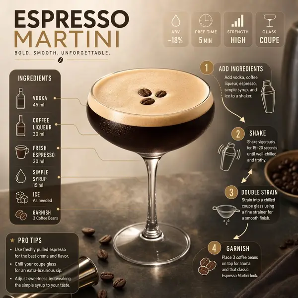 Ultra-clean modern cocktail recipe infographic. Showcase an Espresso Martini in… — GPT Image 2 prompt by @kaanakz