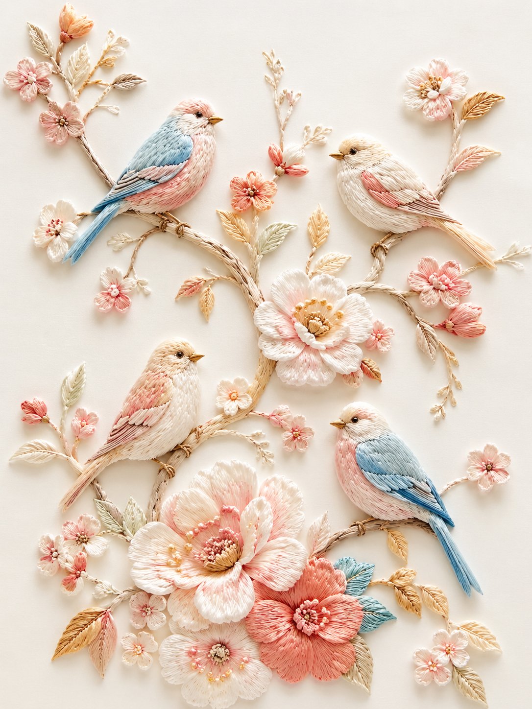 精致立体刺绣风插画，浅浮雕纤维艺术效果，纯净「蚕丝白 + 奶白」底色，细腻丝线质感。画面为数只小鸟停在蜿蜒花枝上，周围点缀粉白、浅桃、珊瑚粉、淡金色花朵与叶片，… — AI-generated image by @dotey using GPT Image 2