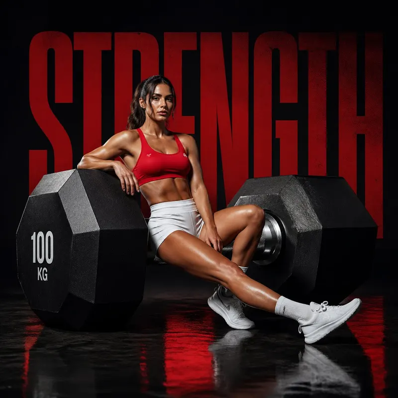 Cinematic fitness campaign, oversized dumbbell placed diagonally like a… — GPT Image 2 prompt by @AIwithSynthia