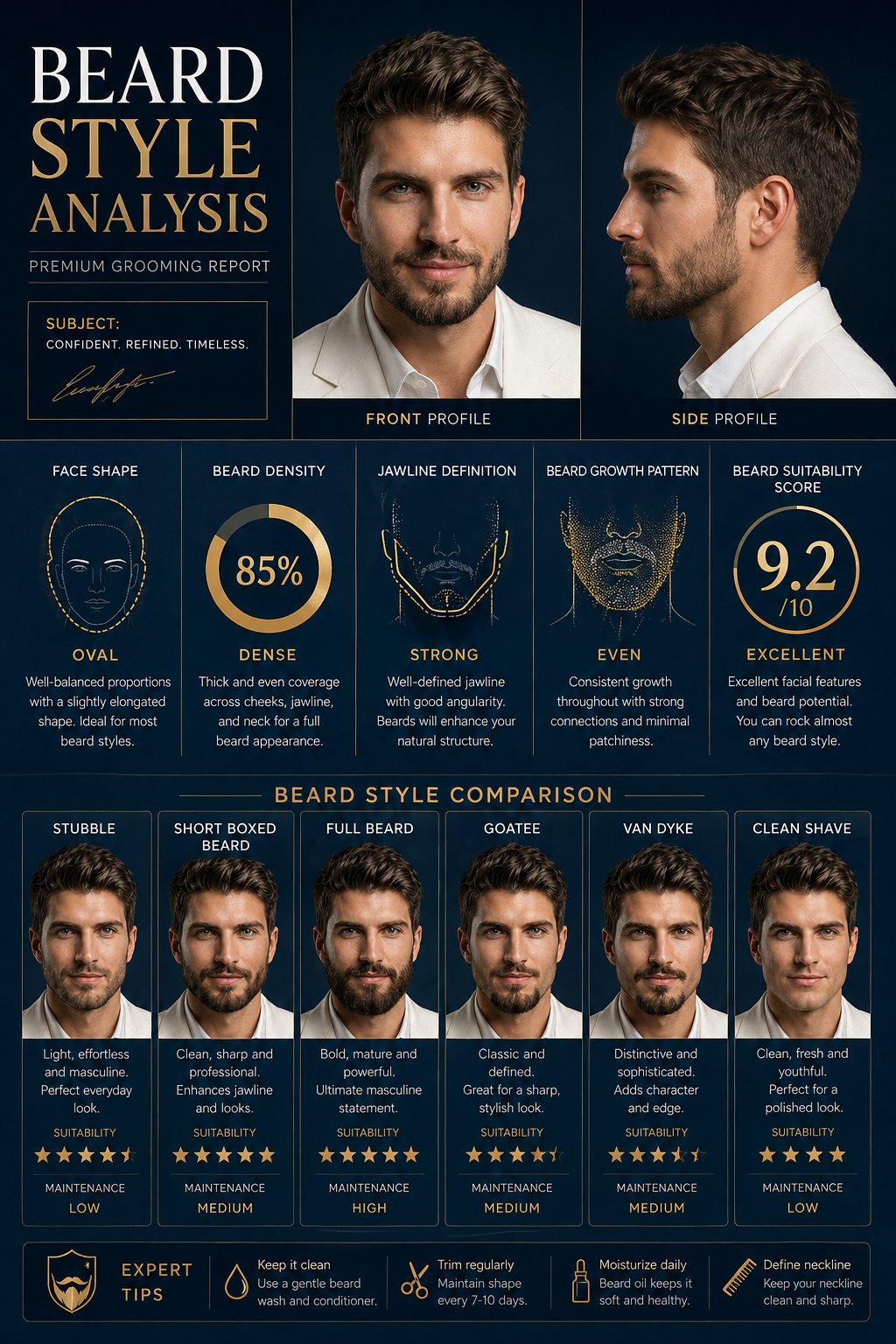 Create a premium “BEARD STYLE ANALYSIS” poster featuring the same man from the… — AI-generated image by @RizwanAly07 using GPT Image 2