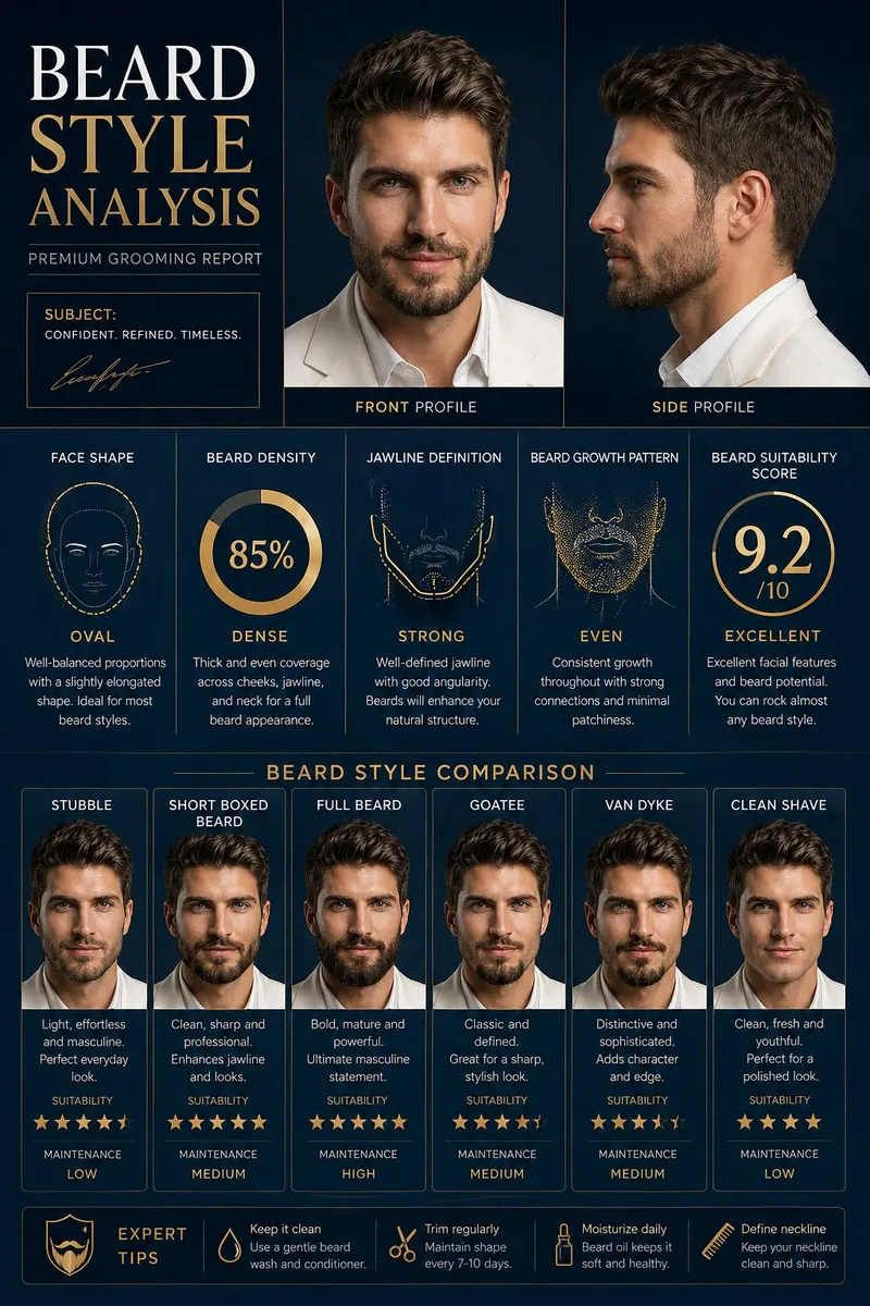 Create a premium “BEARD STYLE ANALYSIS” poster featuring the same man from the… — GPT Image 2 prompt by @RizwanAly07