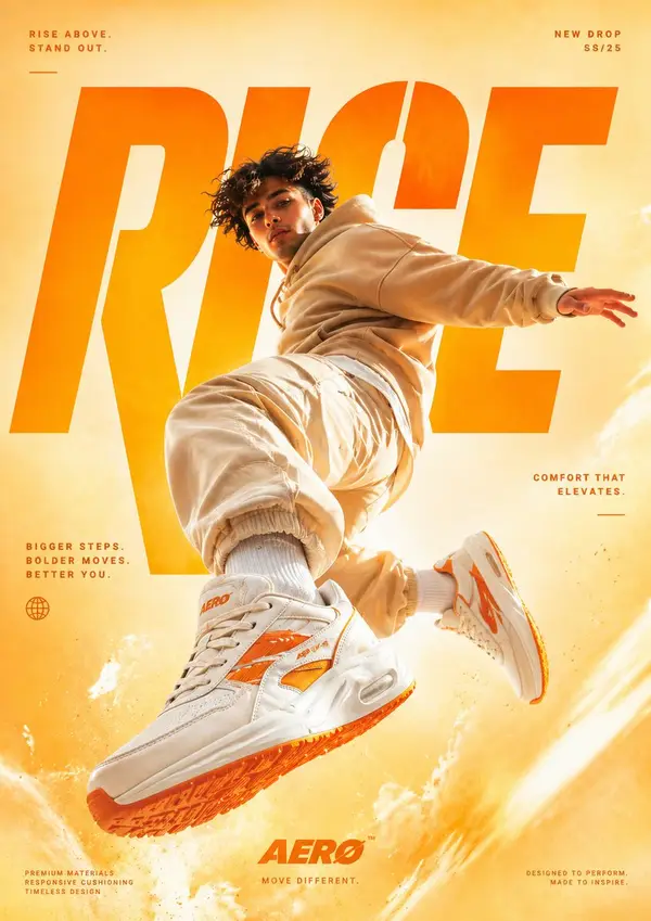 A cinematic, high-end sneaker advertisement poster featuring a young male model… — GPT Image 2 prompt by @Ozayrr_irl
