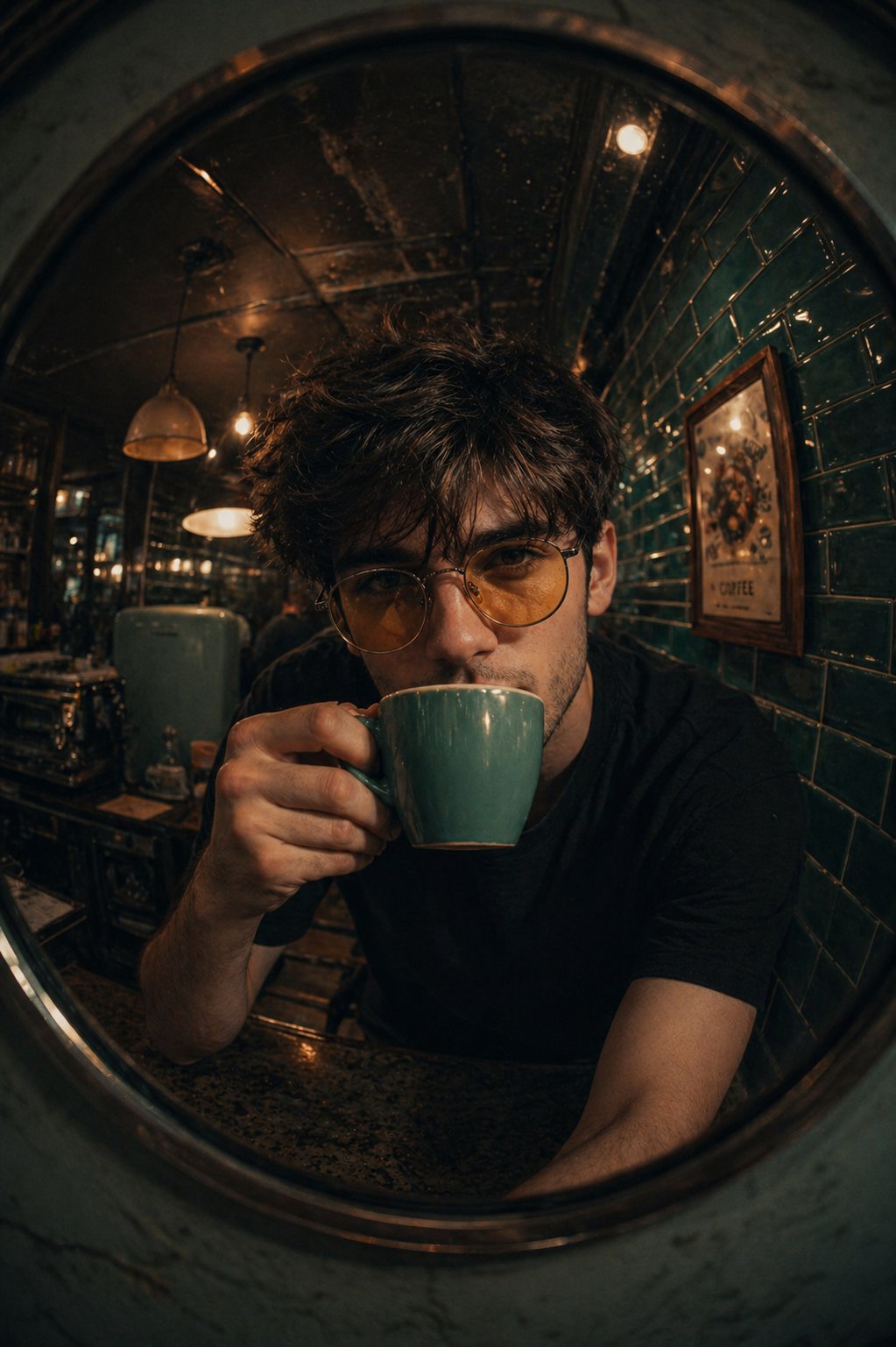 A fish-eye lens close-up of [your photo as reference] sipping from a… — AI-generated image by @harboriis using GPT Image 2