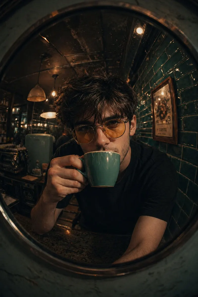 A fish-eye lens close-up of [your photo as reference] sipping from a… — GPT Image 2 prompt by @harboriis