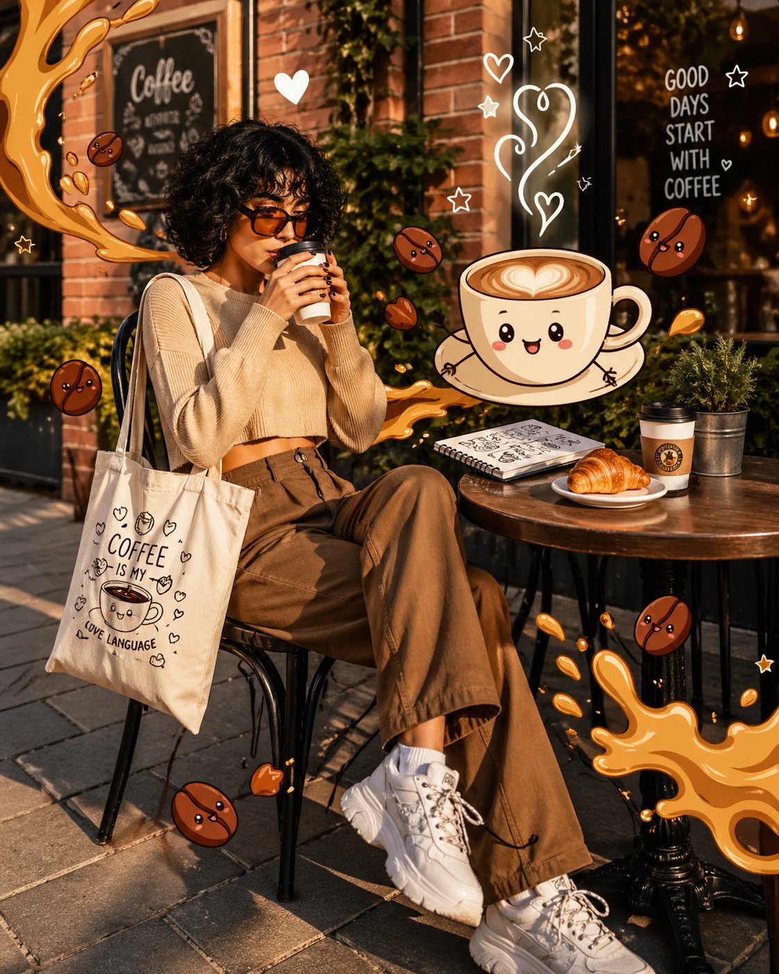A trendy young woman sitting at an outdoor café table, holding a hot coffee cup… — AI-generated image by @Jawad_Rahman_ using GPT Image 2