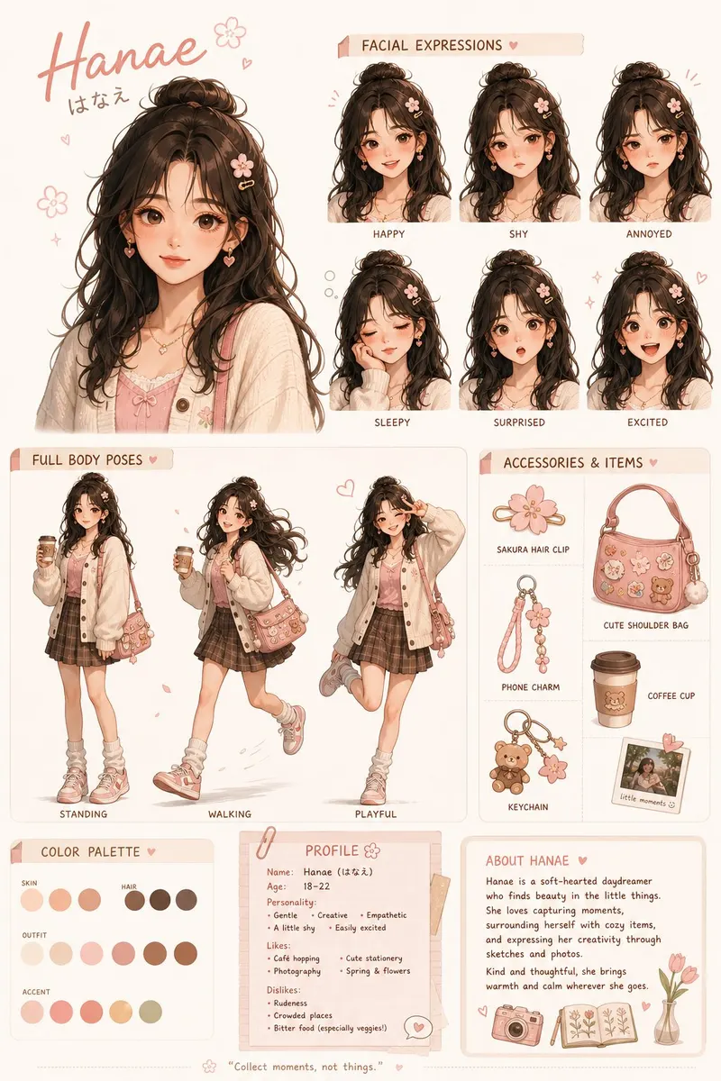 Create a cute female character design sheet inspired by the uploaded image.… — GPT Image 2 prompt by @xRahultripathi