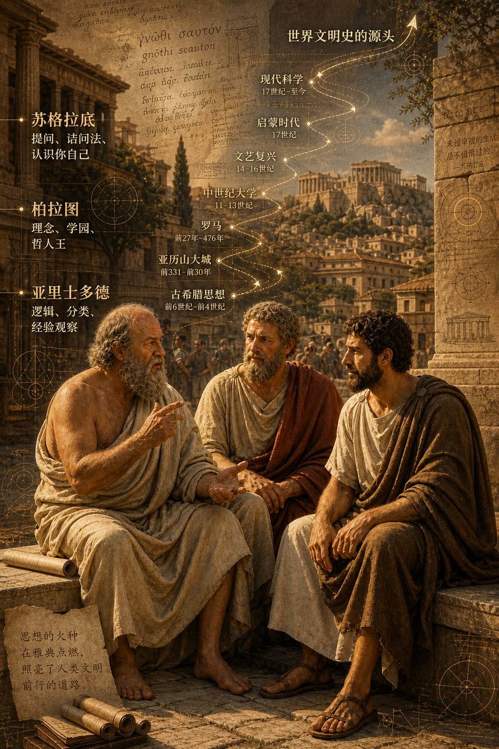 二千五百年前，柏拉图，苏格拉底， 亚力士多德，坐在雅典街头聊天，聊出了世界文明史的源头。 背景可以加上他们聊天内容，按时间轴的走向，重叠在古希腊雅典的城市风光中… — AI-generated image by @ToroJushiAi using GPT Image 2