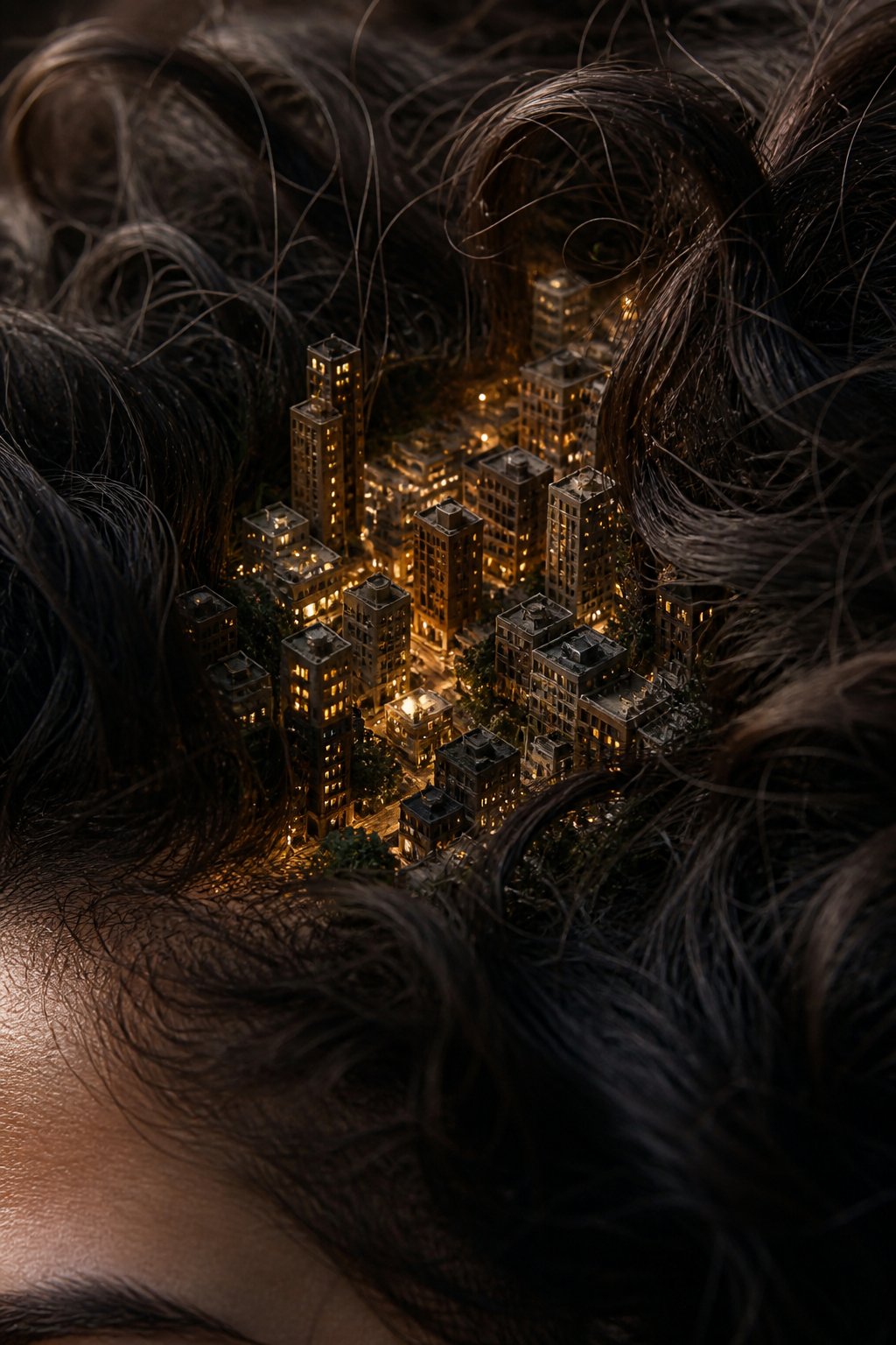 Macro photograph of a miniature city hidden in human hair, clearly on a real… — AI-generated image by @krafterlab using GPT Image 2