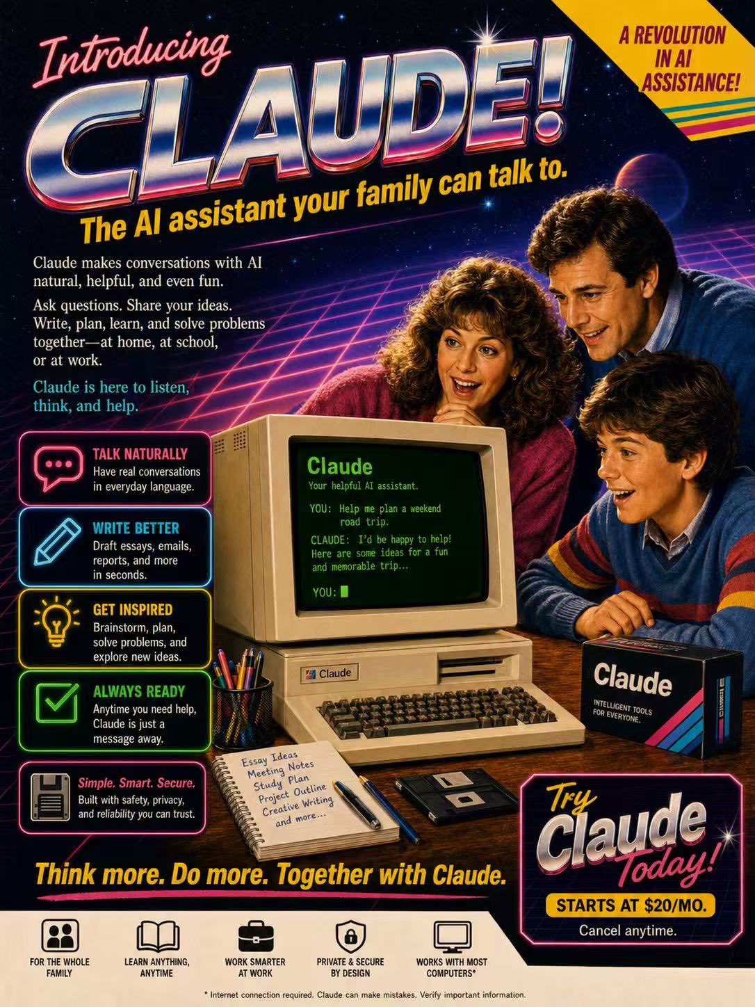 A fictional 1980s magazine advertisement poster introducing “Claude” as a… — AI-generated image by @Shinning1010 using GPT Image 2
