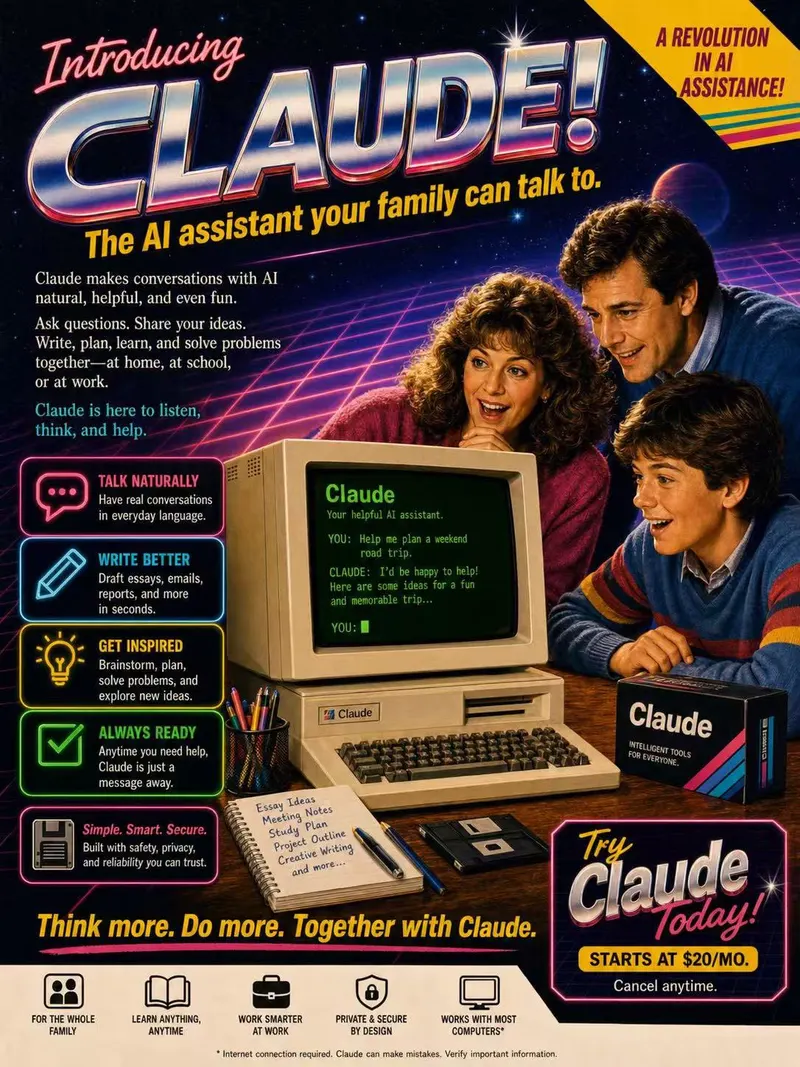 A fictional 1980s magazine advertisement poster introducing “Claude” as a… — GPT Image 2 prompt by @Shinning1010