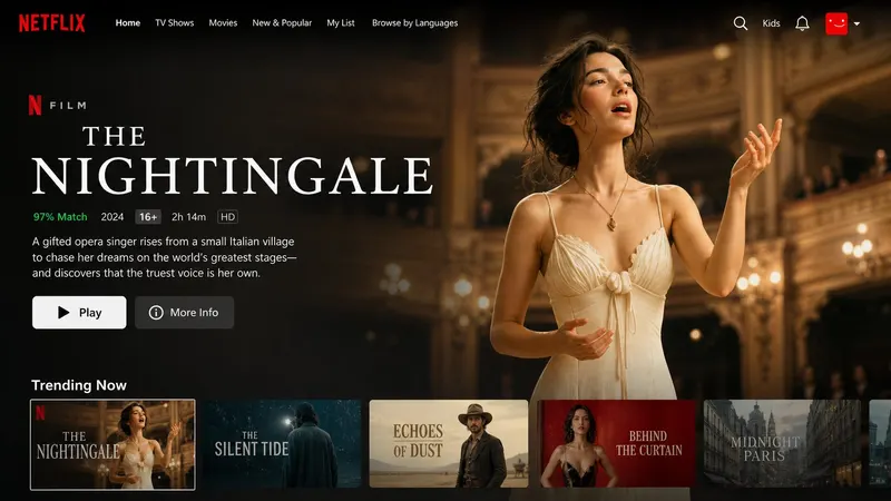 Create a Netflix homepage UI featuring a main hero film with its title and… — GPT Image 2 prompt by @aimikoda