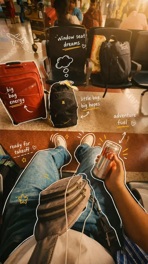 POV travel photography of a person sitting at an airport and inside an… — GPT Image 2 prompt by @Taaruk_