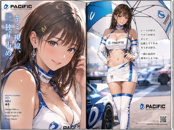 レースクィーン雑誌の見開きページを作成。 接写あり。 日本人モデル。 スタイルを変えて4枚作成。 アニメイラスト調。 — Nano Banana Pro prompt by @hagamight