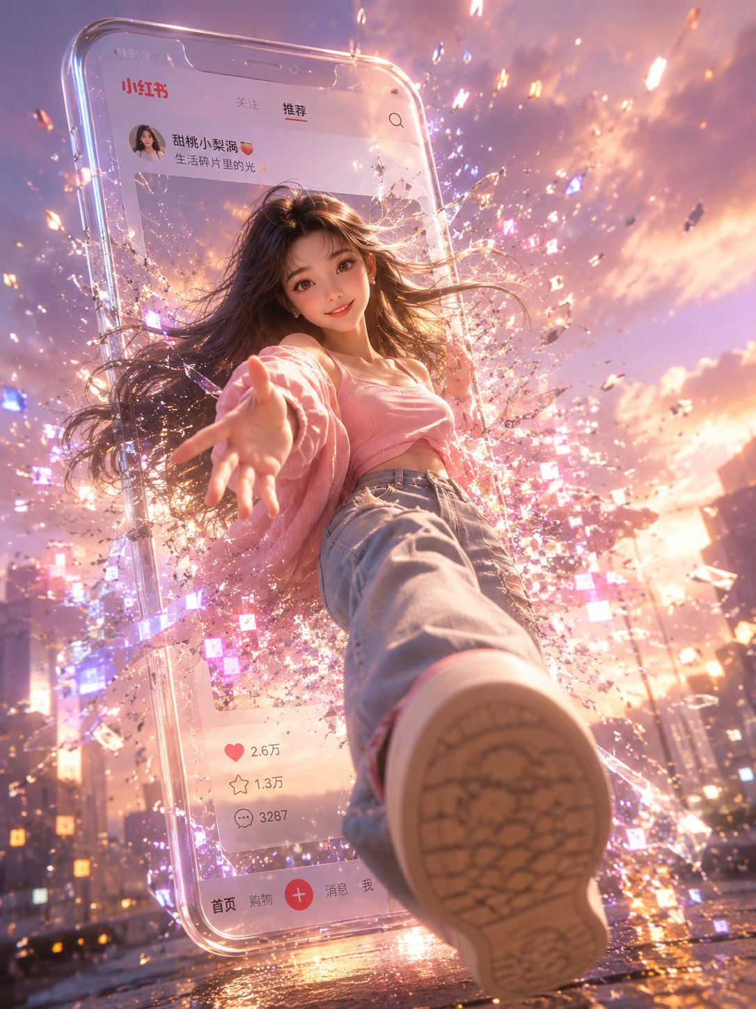 将一位气质绝佳的女孩放置在一个显示小红书帖文的3D透明玻璃手机画面中，并重新调整她的身体姿势，使她看起来像是正从屏幕中突破、进入现实世界。其中一只脚必须强烈地朝… — AI-generated image by @MrGafish using GPT Image 2