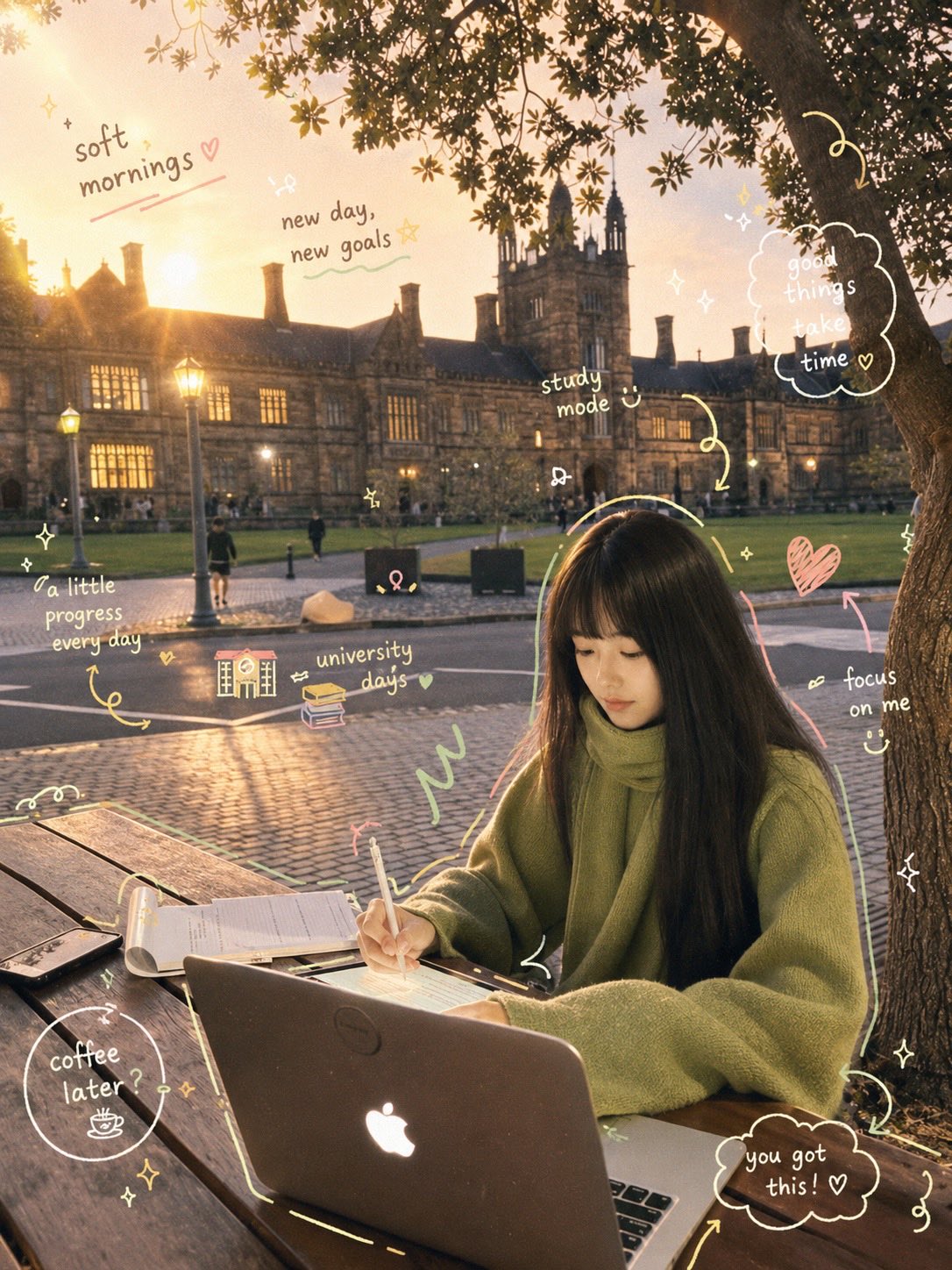 Dreamy cinematic study aesthetic, young Asian girl with long dark hair studying… — AI-generated image by @Sairah_0 using GPT Image 2