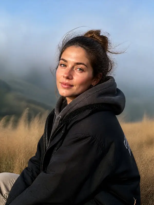 A young woman sitting outdoors on a misty mountain ridge, portrait photography… — Nano Banana 2 prompt by @meng_dagg695