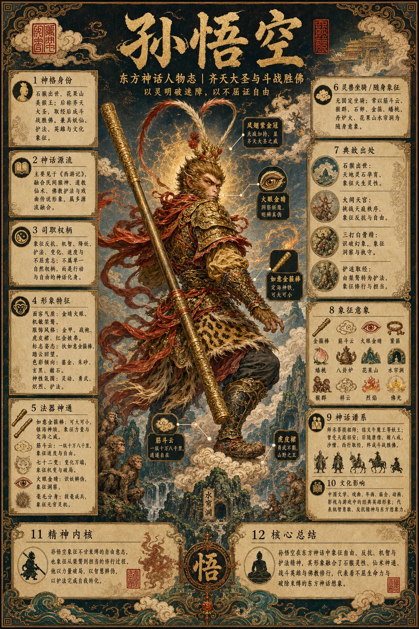 请基于【孙悟空】生成一张竖版 A4「东方神话人物志」百科海报。 你是一名东方神话视觉设定师、古籍图谱设计师和中文信息图设计师。请根据【人物名称】在东方神话、民间… — AI-generated image by @TanLuAI using GPT Image 2