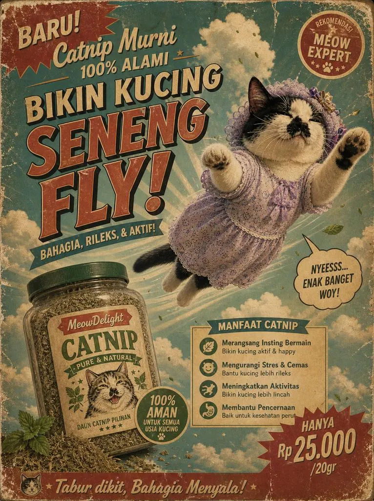 Ultra realistic vintage Indonesian catnip advertisement poster, retro 1970s… — GPT Image 2 prompt by @NyaiiBubu