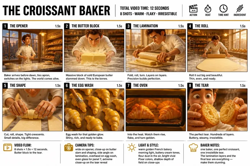 Create a crisp, clean infographic storyboard poster for THE CROISSANT BAKER.… — GPT Image 2 prompt by @TechieBySA