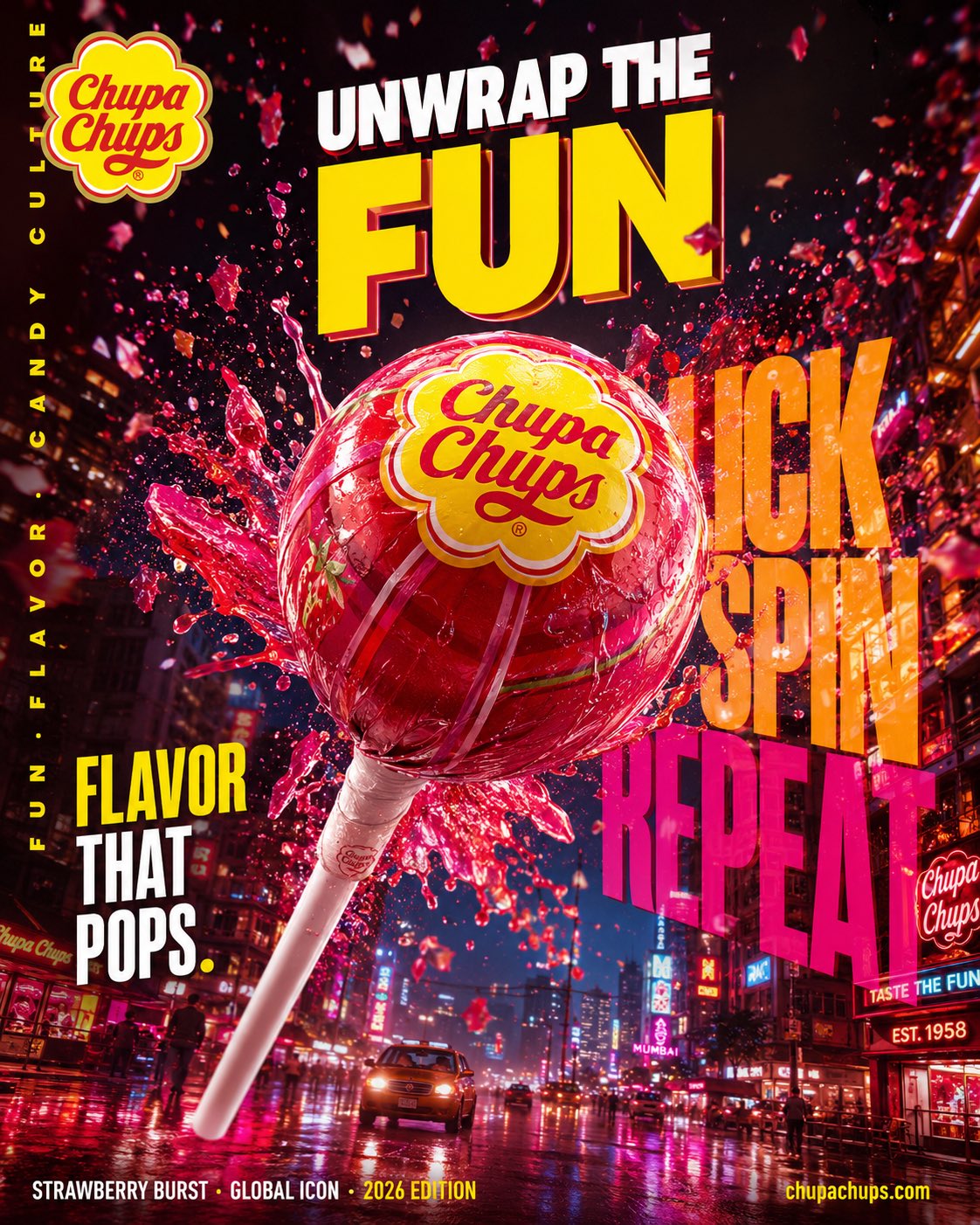 Hyper-realistic cinematic FMCG billboard advertising poster for Chupa Chups… — AI-generated image by @Diplomeme using GPT Image 2