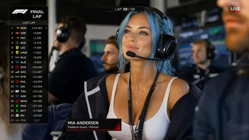 Ultra-realistic F1 live TV broadcast screenshot. A strikingly beautiful,… — GPT Image 2 prompt by @bigwonbots