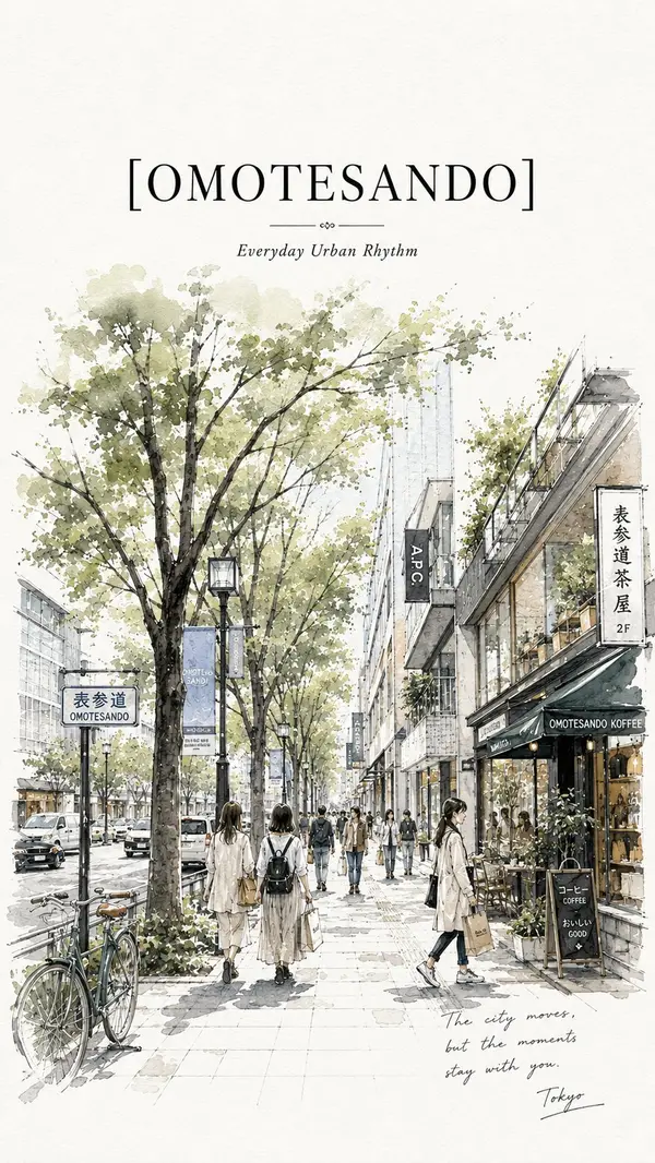 Minimalist ultra-high-resolution travel sketch poster of Omotesando, Tokyo, on… — Midjourney prompt by @kumiko_shiraki