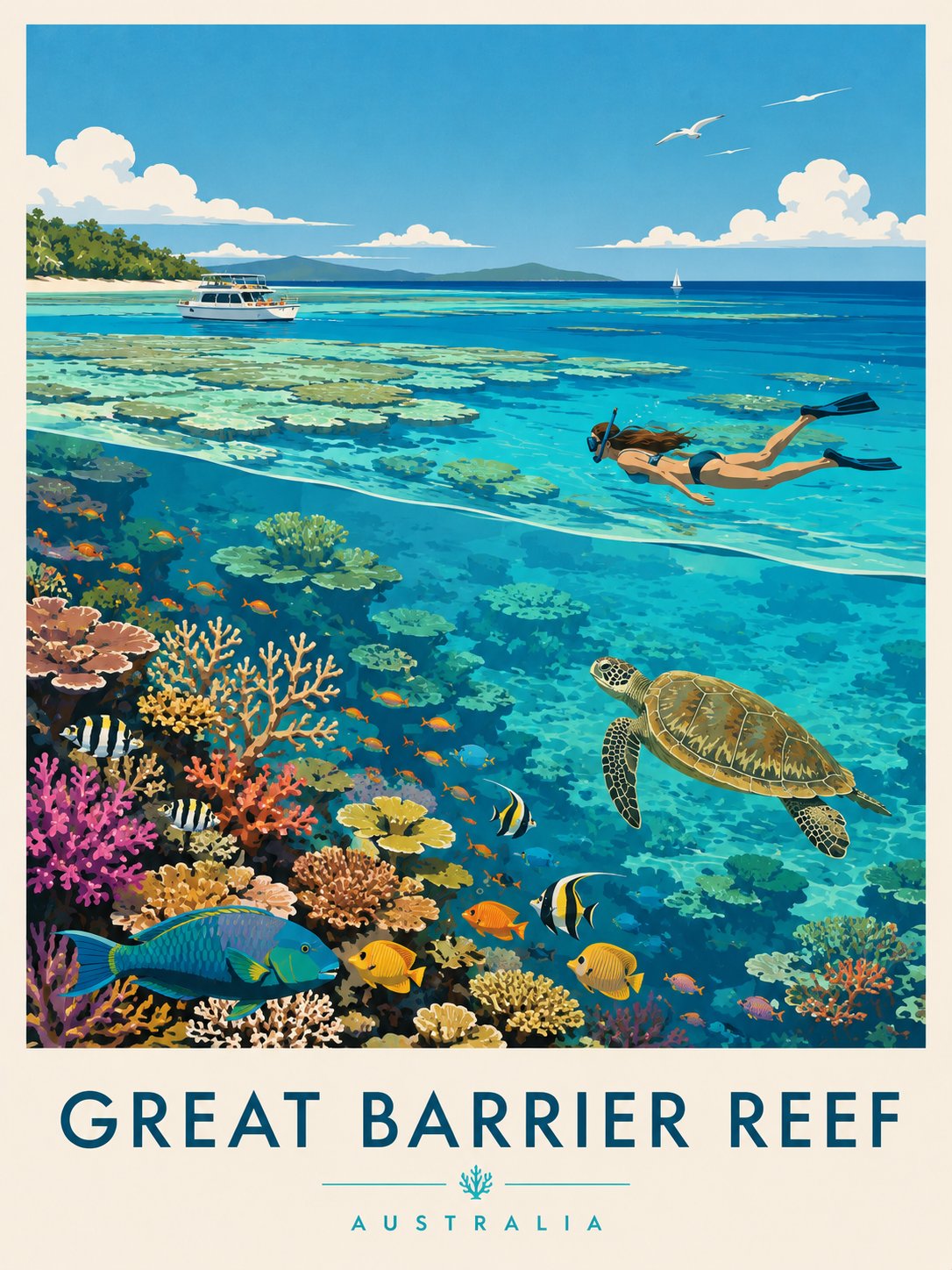 Create a premium editorial travel poster illustration of the Great Barrier… — AI-generated image by @jzaib4269 using GPT Image 2