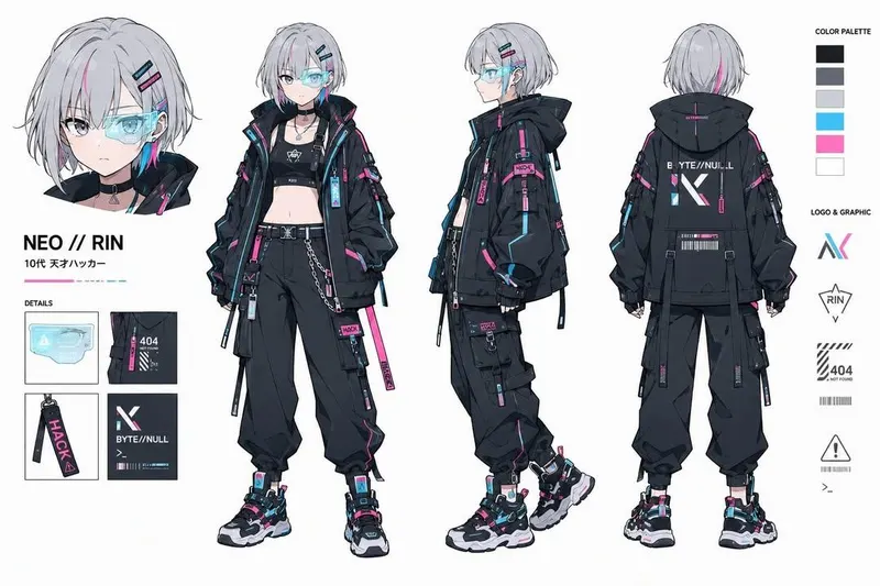 Ultra-detailed cyberpunk anime character design sheet of a teenage genius… — GPT Image 2 prompt by @Kashberg_0