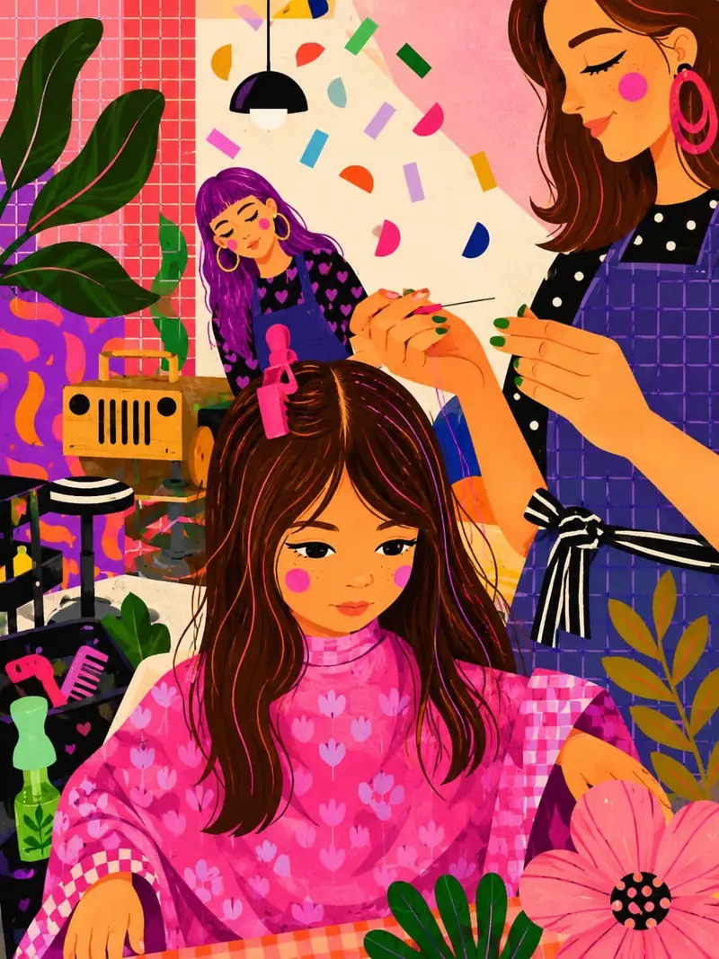A vibrant whimsical digital illustration of a cozy indie hair salon, featuring… — GPT Image 2 prompt by @Sairah_0