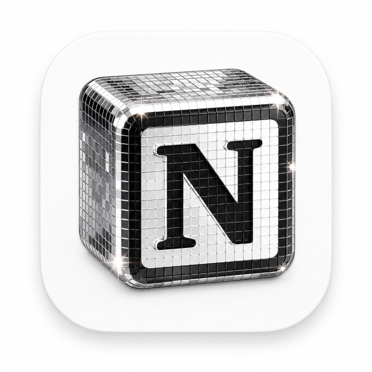 为【品牌名】生成一个高级 3D App 图标，圆角方形底板，玻璃与金属铬材质，迪斯科球镜面马赛克小方块质感，闪亮高光，柔和工作室灯光，干净极简背景，高端产品图标… — AI-generated image by @vista8 using GPT Image 2