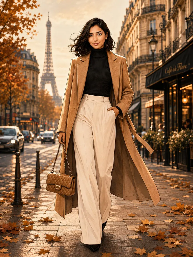 Full-body fashion illustration of a young woman walking down a Parisian street… — GPT Image 2 prompt by @heyfatema