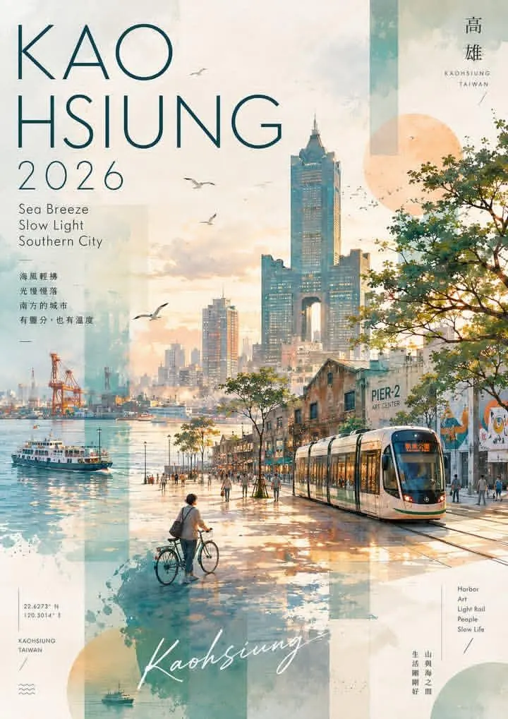 Watercolor and collage travel poster for Kaohsiung, Taiwan, vertical layout,… — GPT Image 2 prompt by @SimplyAnnisa