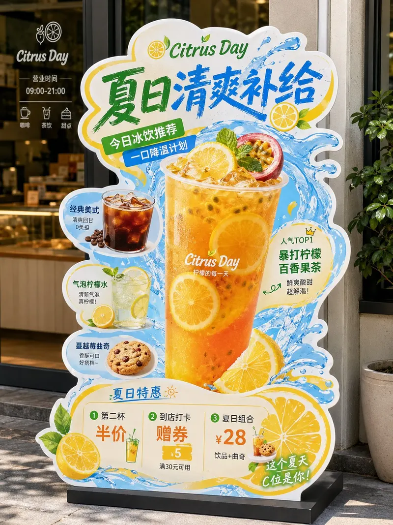 《餐饮异形展架/立牌物料》提示词： 请生成一张高完成度的「餐饮异形展架 / 立牌」设计图，用于展示餐饮门店的新品推荐、招牌产品、套餐促销或品牌活动信息。… — GPT Image 2 prompt by @MrLarus