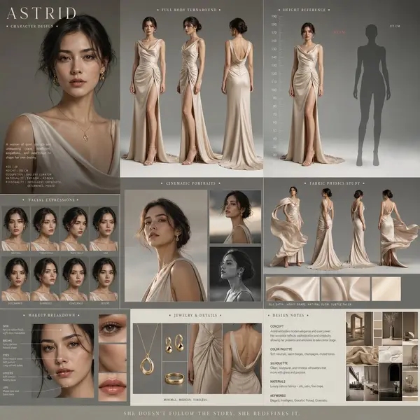 Create a cinematic character design board for a premium drama film. A stunning… — GPT Image 2 prompt by @Mind_Boticni