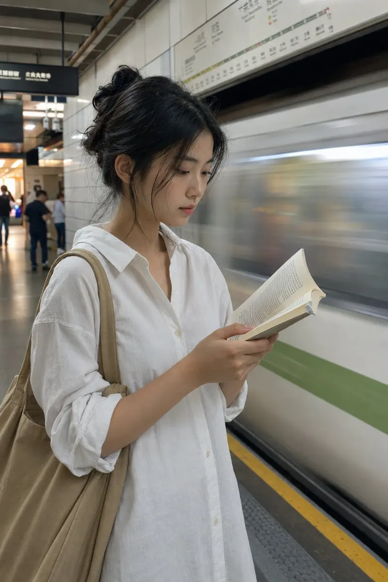 A candid photograph of a young woman standing on a Shanghai metro platform… — GPT Image 2 prompt by @ToroJushiAi