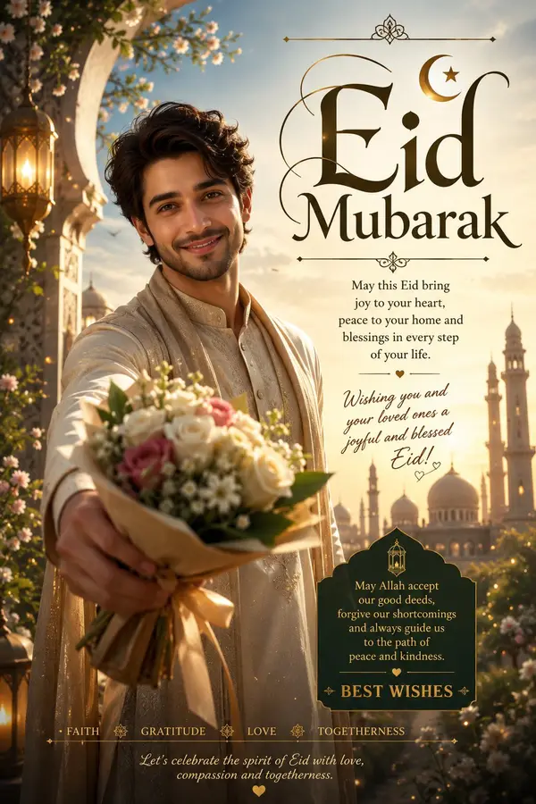 Generate a poster for wishing my X audience Eid Mubarak and best wishes… — AI Model prompt by @Ozayrr_irl