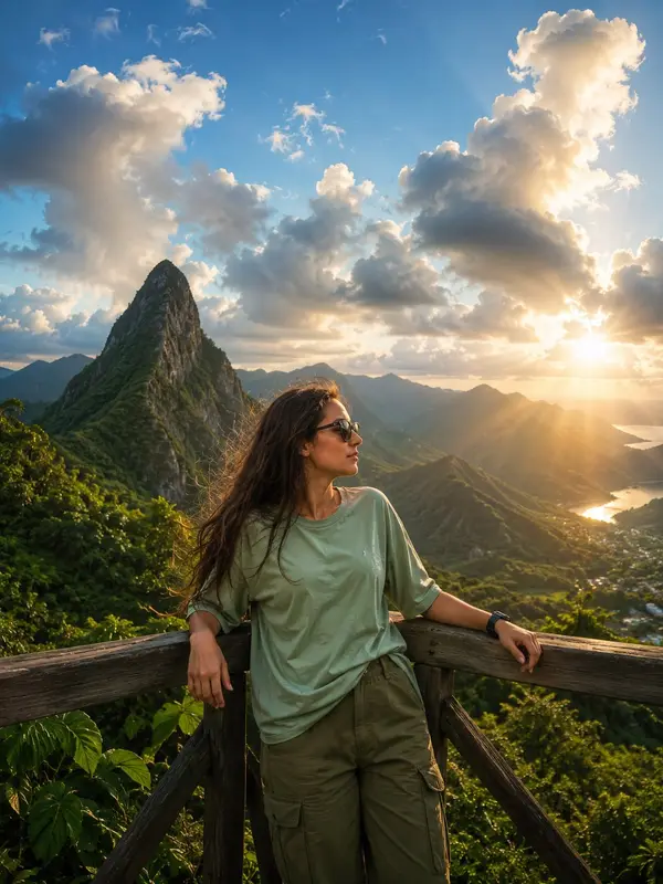 Ultra-realistic cinematic travel portrait of a young man standing at a wooden… — Nano Banana Pro prompt by @meng_dagg695